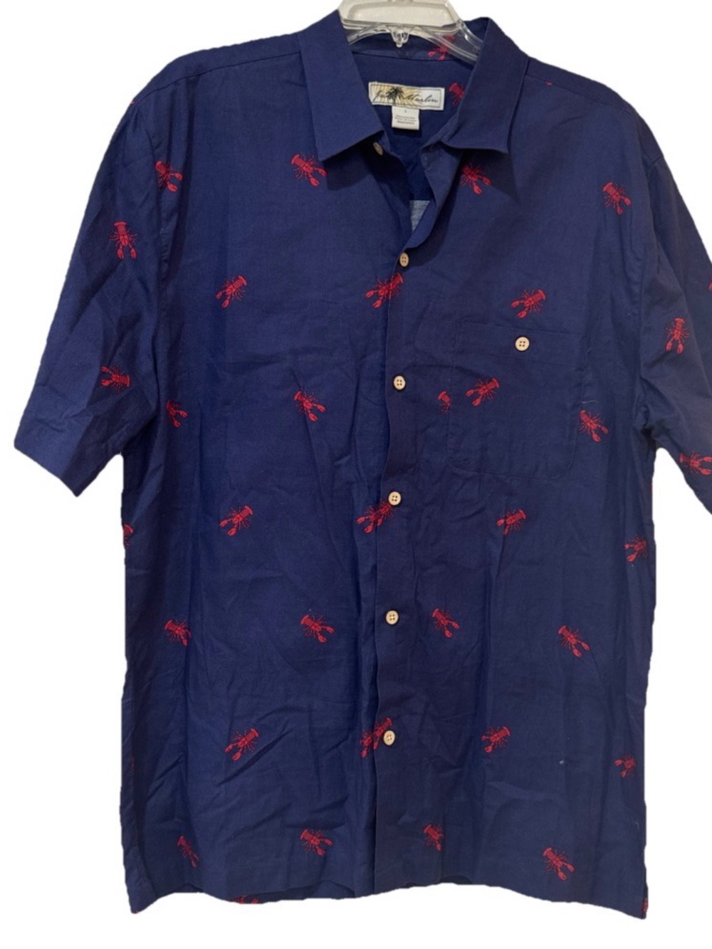 Joe Marlin Men’s Large Lobster Print Hawaiian Shirt Blue Red 100% Cotton